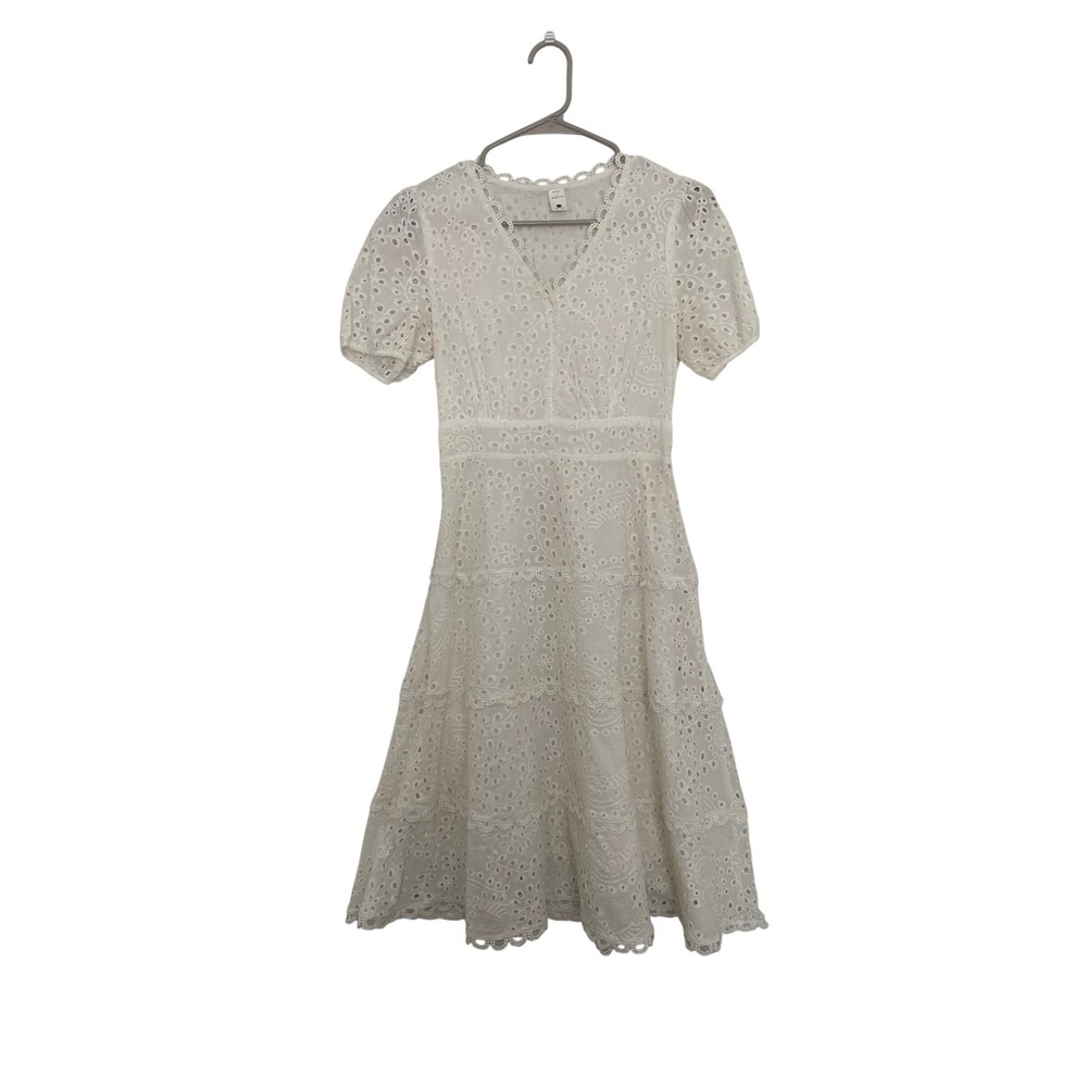 White Eyelet Midi Dress Cottagecore Cotton Puff Sleeve Women XS